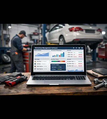 Workshop management software dashboard used in auto repair shops in Bangladesh to manage job cards, spare parts inventory, technicians, and workshop billing
